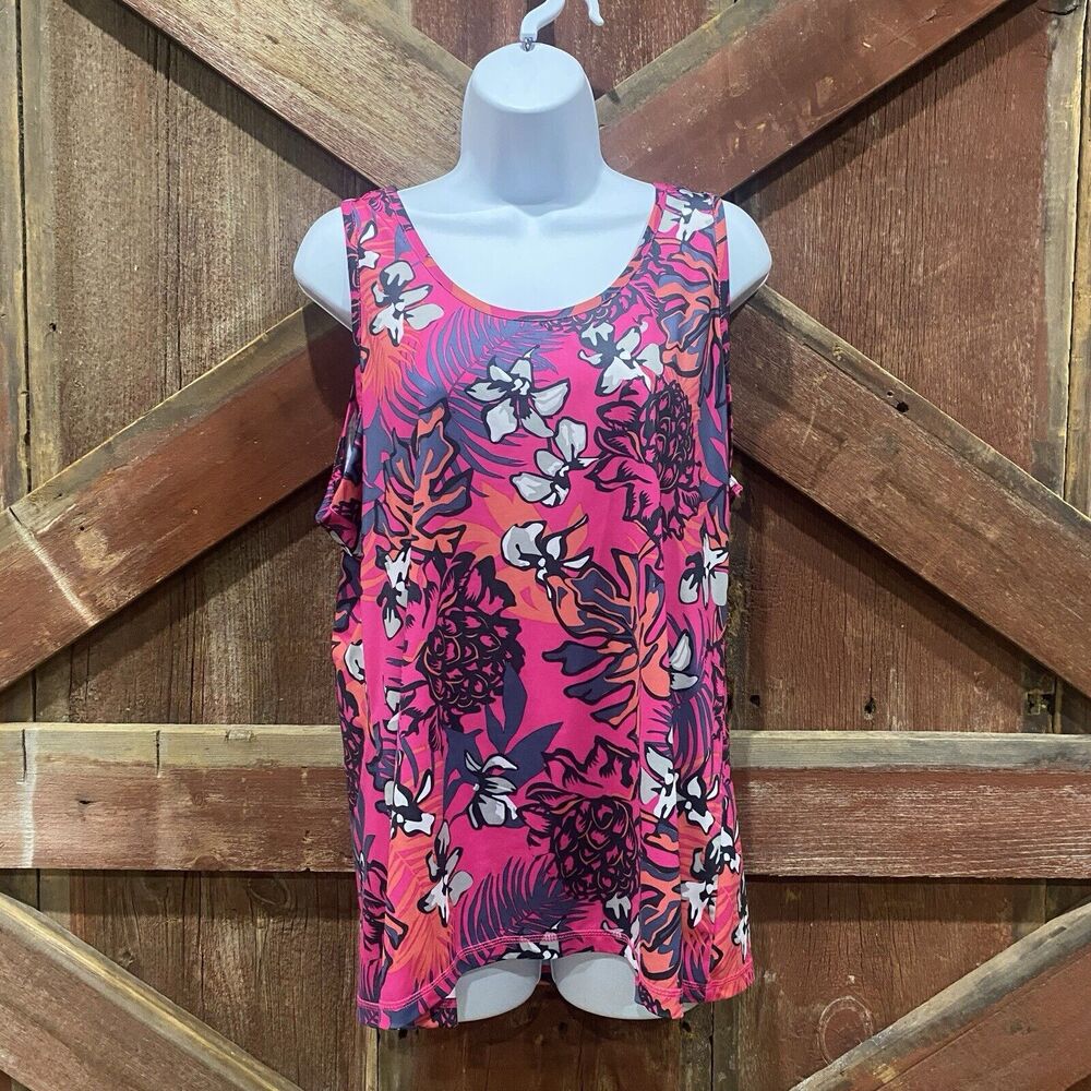 Reel‎ Legends Women's Floral Tank Top Sz XL Stretch Pink Bright Fishing Angler